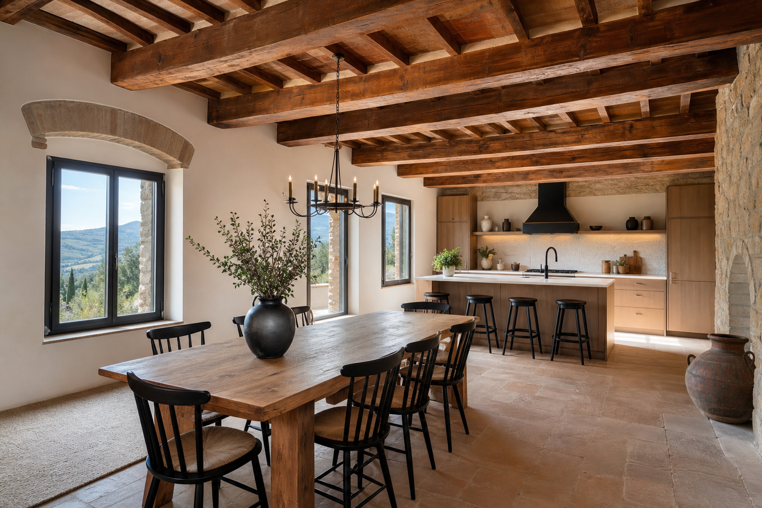 Cucina rustica moderna con travi in legno a vista, progetto Travatura