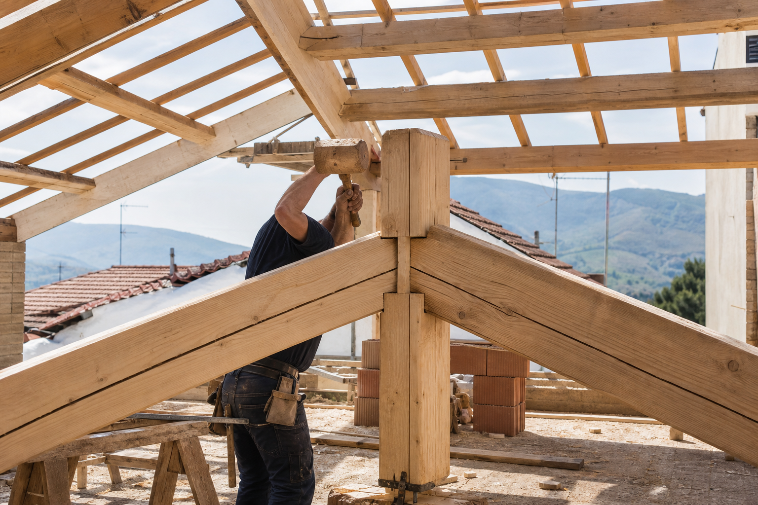 Installazione di capriata in legno per copertura del tetto