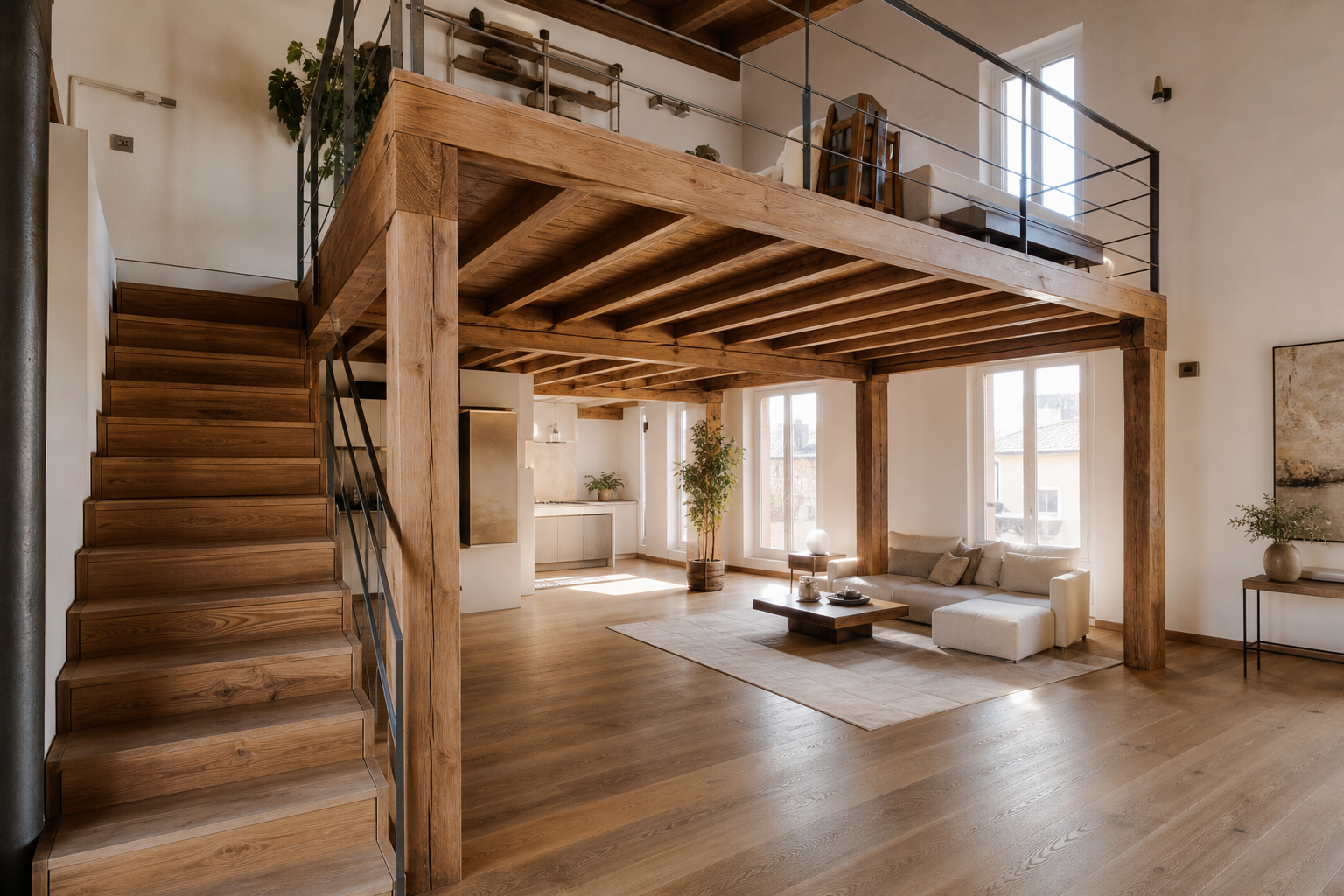 Soppalco in legno realizzato su misura in ambiente open space