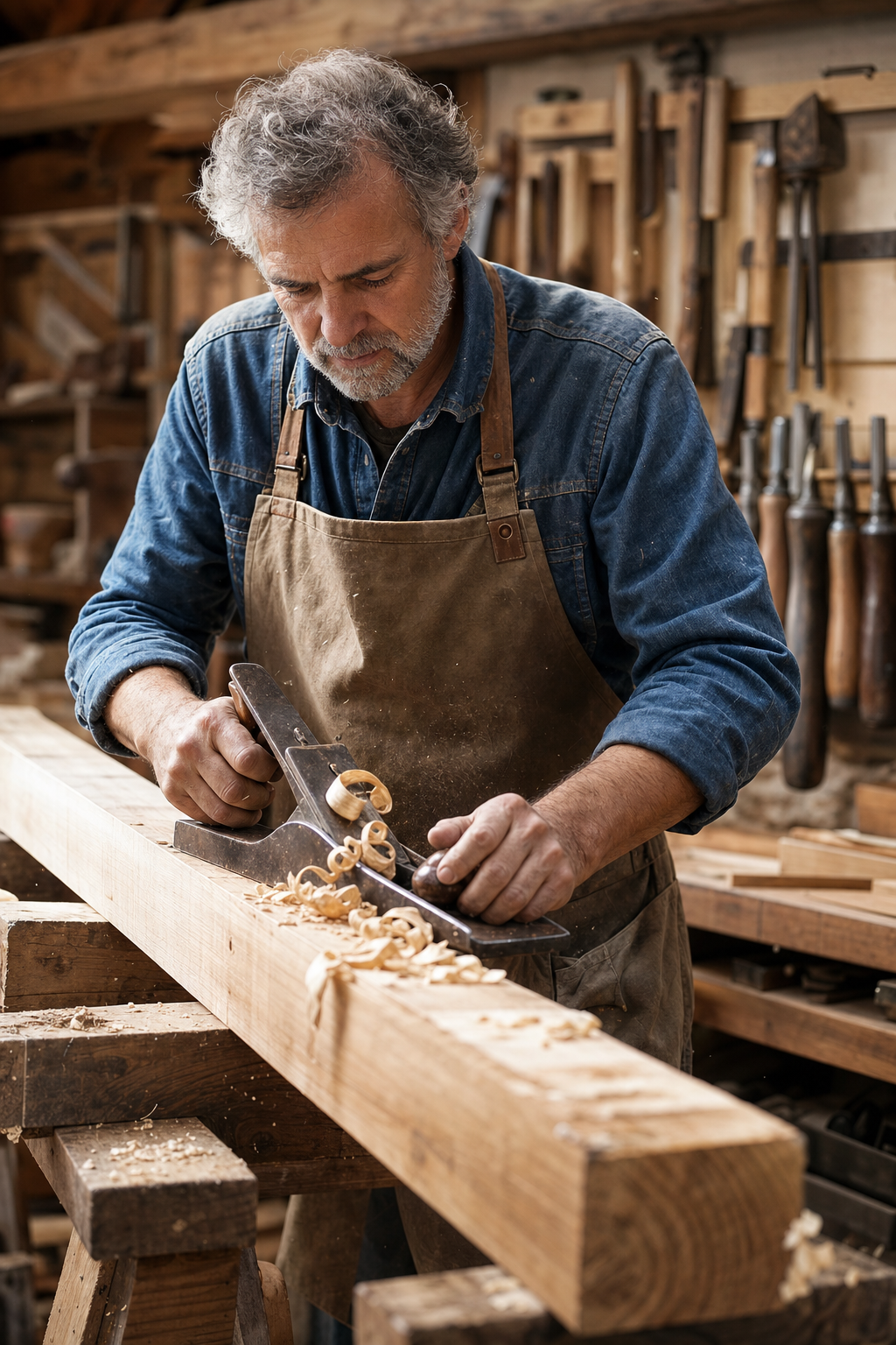Nicola Gatti, mastro carpentiere, al lavoro nel laboratorio di Travatura